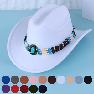 Cowboy <b>Hat</b> With Beaded Band Artistic Retro Style Polyester Fabric <b>Warm</b> Windproof Sun Shading <b>Hat</b> For Outdoor Fashion Wear - Product Image 1