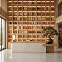 Étagère murale intégrée en bois sur mesure avec éclairage LED, comptoir de réception pour bibliothèque, librairie ou salle de lecture