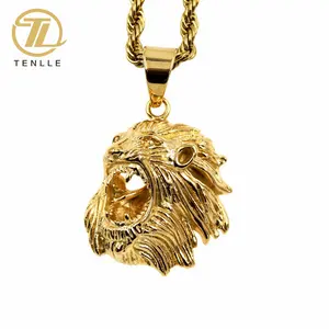 Pendentif en plaqué or pour hommes, bijoux à la mode, style Hip Hop, tête de Lion, Animal, 2022, vente en gros