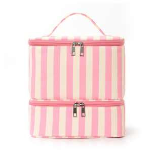 Trousse de Maquillage Multifonctionnelle Double Couche à Rayures Tendance, Grande Capacité, pour Vernis à Ongles et Articles de Toilette - Product Image 1