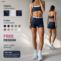 Ensemble 2 pièces personnalisé pour femme, en Spandex et Polyester extensible, comprenant un soutien-gorge de sport et un short taille haute, bleu marine avec bordure contrastante blanche, pour le sport