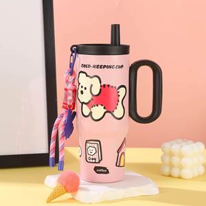 24oz 720ml Travel Car <b>Macaron</b> Handle Tumbler Stainless Vacuum Mug Lid Straw Non-Slip OEM ODM Peach Pink Color - Product Image 4
