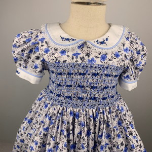 Robe de princesse personnalisée du fabricant pour bébé fille smockée 100% coton bleu avec motif floral ensemble de tissu en bambou - Product Image 4