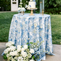 Taplak Meja Bundar Motif Bunga Biru 120 inci, Latar Belakang Putih, Cetakan Botani Vintage, untuk Pernikahan Amerika/Pesta Pernikahan