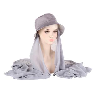 Hijab en mousseline de soie à perles de couleur unie, 2 ensembles d'écharpe en <span class=keywords><strong>voile</strong></span> avec chapeau pour dames, nouveau Design - Product Image 5