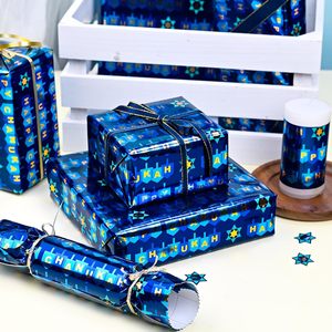 Papel de Regalo Feliz Hanukkah de 17 pulgadas x 33 pies, Papel de Regalo Metálico Azul de Doble Cara para Hanukkah - Product Image 5