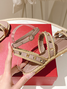 Sandales plates en cuir marron cloutées avec bride à la cheville, style espadrille, chaussures d'été pour femmes - Product Image 5