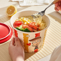 Mangkuk Mie Keramik Chibi Maruko Chan dengan Tutup Merah Kapasitas Besar Peralatan Makan Rumah Tangga untuk Mie Instan, Mie Siput, dan Mie Beras