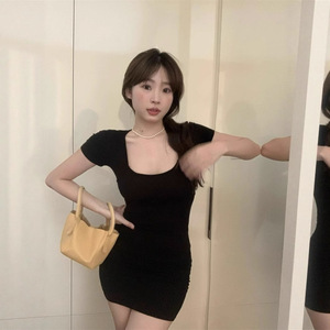 Pure And Alluring Backless Cross Back Short Sleeve Dress For Women Fruit Green Raspberry Pink Black Solid Color Daily Wear - Product Image 4
