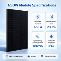 Panneau solaire 650W demi-cellules tout noir type N TOPCon bifacial double vitrage, efficacité 23,3%, garantie 30 ans TUV IEC CE