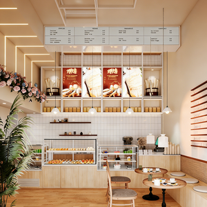 Airy Wood-Toned Coffee & Bakery Featuring Glass Displays, Tiered Dessert Racks, Integrated Lighting, and Simple Pendant Lamps - Product Image 2