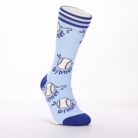 Chaussettes mi-mollet bleu clair en coton avec motif jacquard de baseball de dessin animé, bordure rayée, idéales pour les cadeaux sur le thème du sport