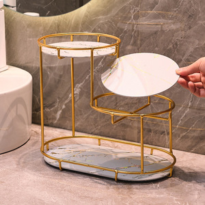 Bathroom Storage Rack 3 Tier Marble Top Gold Frame <b>Freestanding</b> Vanity Organizer for Cosmetics Toiletries - Product Image 1