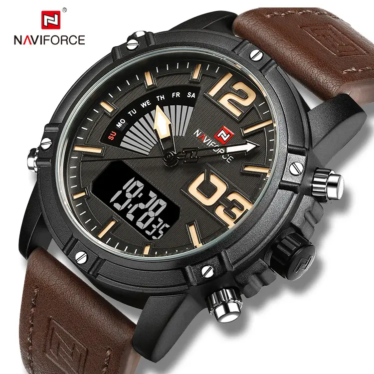 NAVIFORCE 9095 Casual Sport Watches for Men Luxury Genuine Leather men's relojes Man Clock Fashion Digital Quartz watch