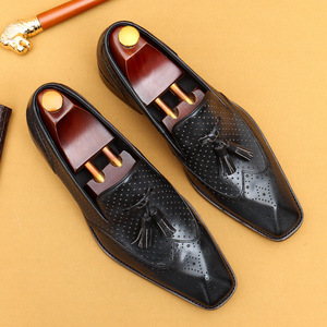 Mocassins à pampilles en cuir véritable noir, bout carré, respirants, à enfiler, pour hommes, chaussures décontractées d'été - Product Image 5