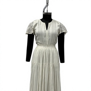 White Cotton Maxi <b>Dress</b> V-Neck Cap <b>Sleeve</b> A-Line Pleated Casual <b>Summer</b> <b>Dress</b> Solid Woven Breathable Women's <b>Dress</b> - Product Image 1