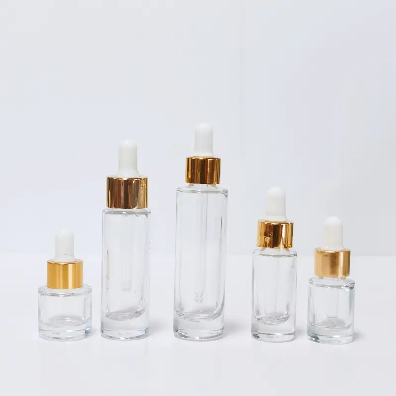 Perfume 10ml 15ml Clear Essential Oil Glass Dropper Bottle Gold Silver Flat Shoulder Empty Round Glass Dropper Bottle