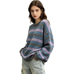 Pull en coton tricoté à manches longues pour femme avec logo personnalisé OEM, col rond, décontracté, hiver, rayures sur le devant, séchage rapide, respirant - Product Image 2