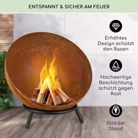 Brasero d'extérieur rond en acier Corten pour bois, avec bol hémisphérique et support trépied à trois pieds en fer