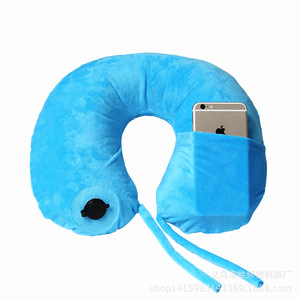 Almohada de viaje inflable con forma de U, color azul oscuro, con bolsillo para teléfono, plegable, portátil, 28x26x14cm - Product Image 3