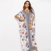 Hoge Kwaliteit Europese En Amerikaanse Mode Gedrukt Badmode Batwing Mouw Gewaad Kaftan Jurk Cover Up Beachweare Losse Vrouwen