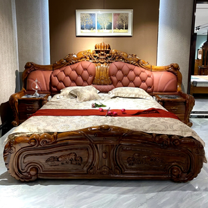 Lit double de style européen en bois massif avec rangement en cuir d'ébène et table de chevet intégrée 2m - Product Image 1