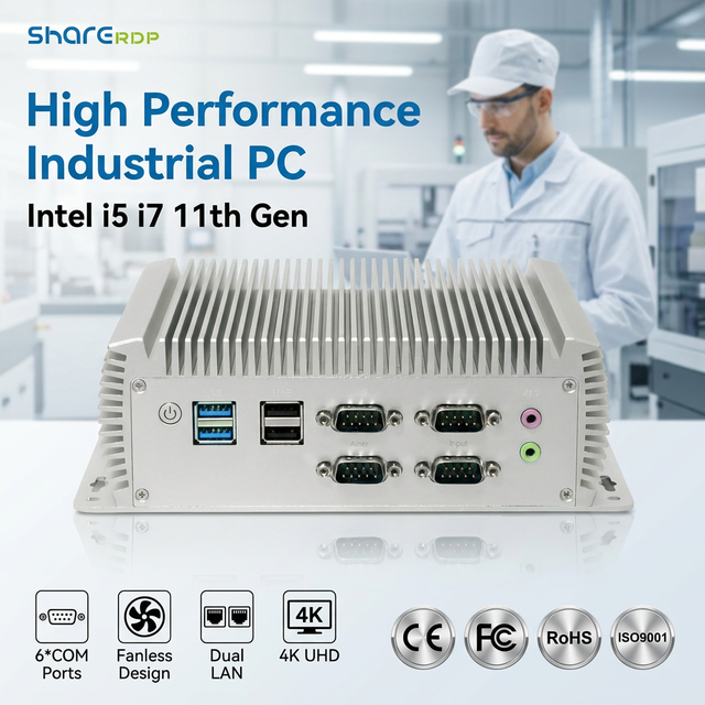 Sharerdp Factory Intel Core I5 I7 1135G7 10610U Fanless Industrial Mini PC 6 COM RS232 Dual LAN 4K NUC Computer for Automation