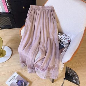 Chinese Style Cotton Linen Wide Leg Trousers Green Embroidery Hem Casual Pants Spring Summer 2025 Breathable Ultra Thin Micro - Product Image 2