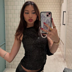 Top Corto sin Mangas con Lentejuelas Tejidas y Aberturas, Cierre Frontal con Cremallera, Chaleco para Fiesta, Verano, Camiseta de Alta Calidad para Mujer - Product Image 4