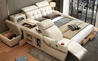 Meubles de chambre à coucher modernes blancs, lit king size en cuir, cadre en chêne, haut-parleur, chargeur USB, canapé-lit massant, garantie de 5 ans
