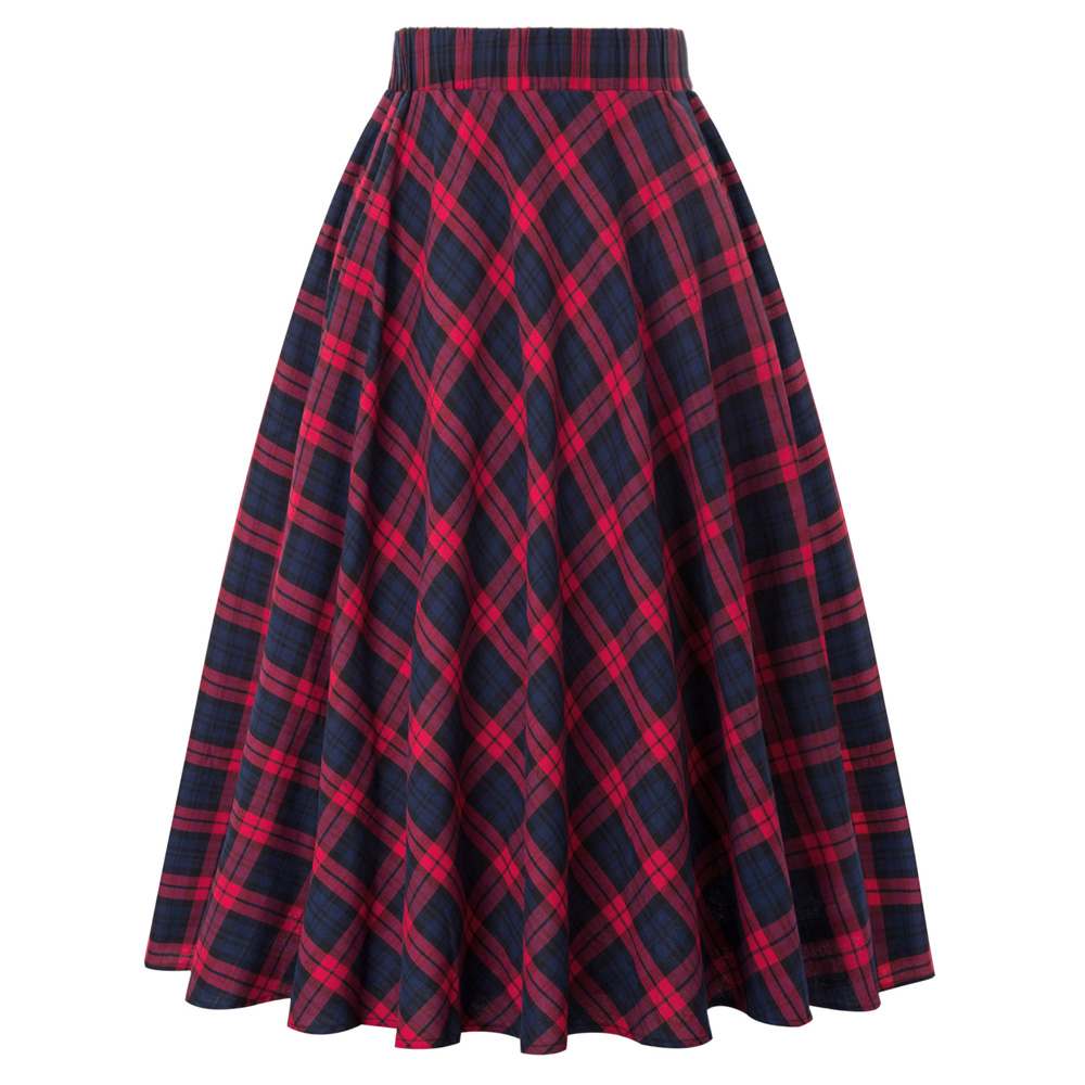 KK000633 Occident Women Fashion Grid Pattern Plaid Cotton A-Line Skirt