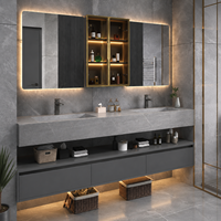 Meuble-lavabo double vasque moderne suspendu avec miroir LED, ensemble de meuble-lavabo gris mural avec rangement pour projets hôteliers