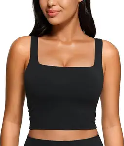 Womens Square Neck Longline Sports Bra - Workout Crop Tank Tops Padded with Built in Shelf Yoga Bra