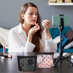 3Pcs <b>Mini</b> Cosmetic Bags Heart Print Mesh Zipper Bags <b>Lipstick</b> Accessories Organizer Makeup Bag for Women - Product Image 6
