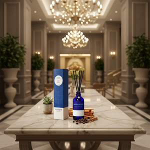 Aikun High End 100ml Rigid Paper Box Sandalwood Coffee IP12 OEM ODM Blue Cylindrical Glass Reed Diffuser Gift Set For Lobby - Product Image 1