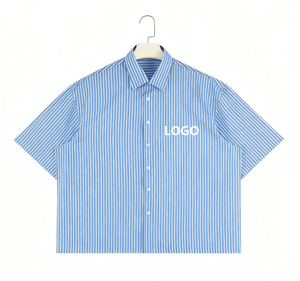 Cao Cấp Tùy Chỉnh Mens Sọc Áo Sơ Mi Nút Lên Cổ Áo Sơ Mi Giản Dị Áo Sơ Mi Cho Nam Giới Ngắn Tay Áo - Product Image 1