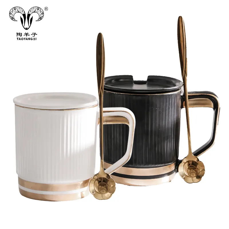 İskandinav moda basit şerit kupa ofis altın jant seramik kahve kupa