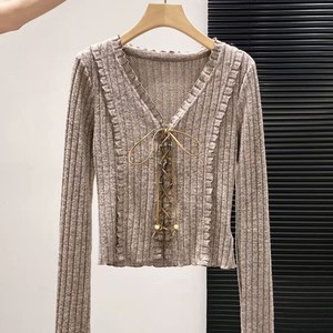 Dalang Factory Women's V-neck Knit Top Full Sleeve Slim Fit Soft Splicing Spring 2026 - Product Image 3