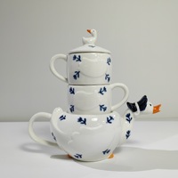 Service à thé créatif en céramique motif Oie de dessin animé, comprenant 1 théière et 2 tasses, avec joli motif floral, coffret cadeau pour le thé de l'après-midi à la maison