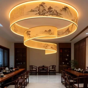 JYLIGHTING Lustre personnalisé <span class=keywords><strong>de</strong></span> style chinois moderne avec ruban, peinture <span class=keywords><strong>de</strong></span> paysage, LED, hauteur réglable, pour hôtel, salle <span class=keywords><strong>de</strong></span> banquet, <span class=keywords><strong>musée</strong></span> - Product Image 2
