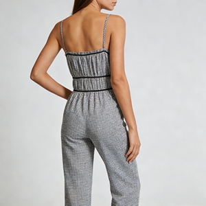 Elegante <span class=keywords><strong>Mono</strong></span> <span class=keywords><strong>de</strong></span> Mujer con Tirantes Finos, Estampado <span class=keywords><strong>de</strong></span> Pata <span class=keywords><strong>de</strong></span> Gallo, Corsé Fruncido, Cintura Alta y Pierna Ancha para Oficina o Fiesta - Product Image 3