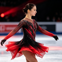 Costume de patinage artistique pour enfants et adultes, robe en maille à manches longues dégradé noir et rouge avec strass pour spectacle sur glace