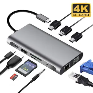 Bộ Chuyển Đổi Trung Tâm USB Loại C Đa Cổng 10 Trong 1 Màn Hình Ba Cổng Với Ethernet 4K @ 30Hz VGA 3 USB3.0 SD TF Card Reader Âm Thanh