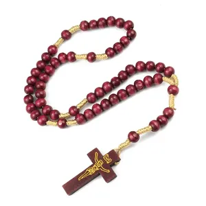Rosario Barato con Cruz de Jesús, Cuentas de Madera de Colores, Joyería Religiosa Católica, Rosario Misionero Hecho a Mano con Cuerda Anudada, Venta al por Mayor - Product Image 5