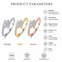 Bague en Moissanite en Argent Sterling 925, Coupe Marquise 4x8mm, Couleur D VVS1, Pavé Bypass 1.6mm* 22 Pierres, 3 Couleurs