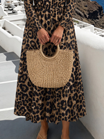 Übergröße Damen Midikleid mit Halbknopfleiste und Seitentasche - Kaffee-Leopardenmuster Geeignet für Freizeitkleidung Waschbares Kleid