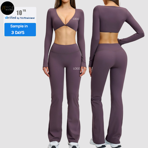 Ensemble de yoga évasé brossé pour femme - Haut à manches longues col en V et <span class=keywords><strong>leggings</strong></span> coupe <span class=keywords><strong>bootcut</strong></span> pour le Pilates et la course à pied - Tenue de sport personnalisée 2 pièces - Product Image 1