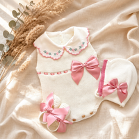 Combinaison bébé Kaiyue, combinaison en coton personnalisée, nouveau-né, fille, ensemble tricoté 3 pièces, col Peter Pan, combinaison à fleurs, broderie, nœud en satin