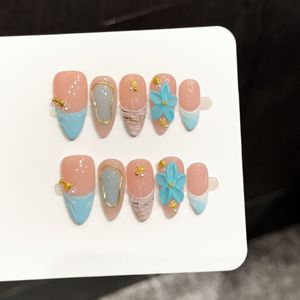 <span class=keywords><strong>Uñas</strong></span> postizas acrílicas hechas a mano estilo océano 3D con flores tropicales, forma almendrada, 10 unidades, con logo personalizado, venta al por mayor - Product Image 5