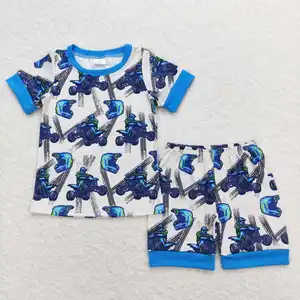 wholesale baby boy clothes sleepwear outfit monster truck print shorts pajama set kids garments little boys boutique clothing